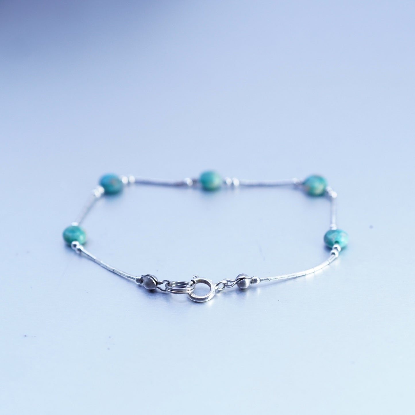 7.5”, Sterling 925 silver handmade bracelet, liquid silver chain turquoise bead