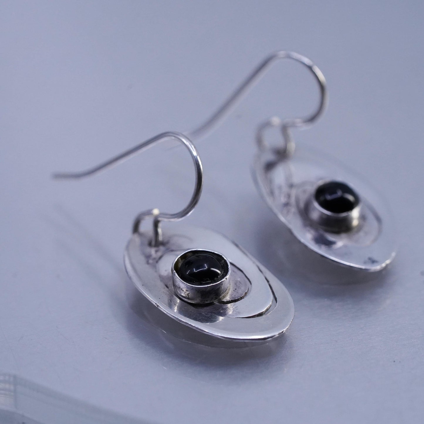 Vintage Sterling 925 silver handmade spiral cut earrings with black onyx
