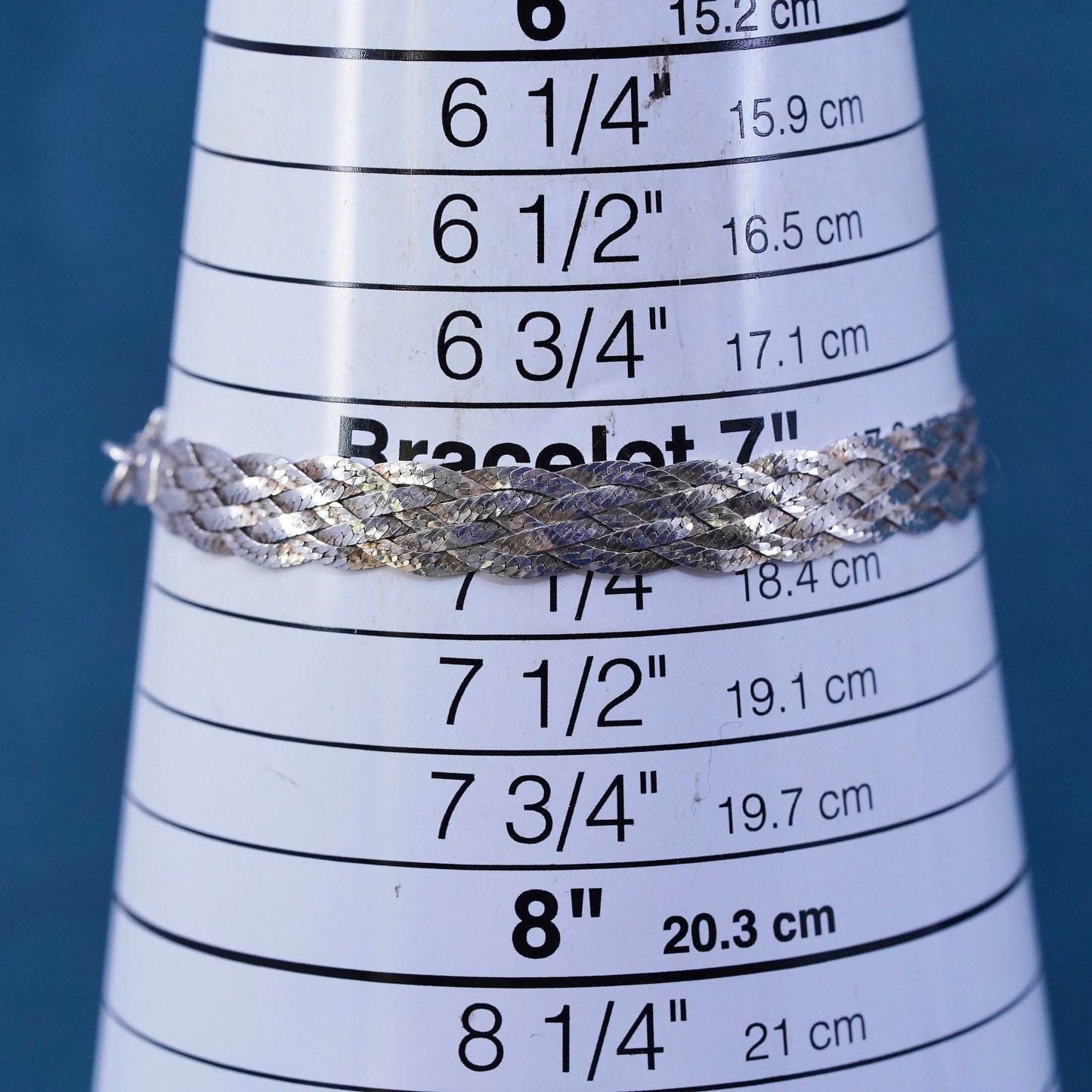 7", 8mm, vintage Sterling silver bracelet, textured 925 herringbone woven chain