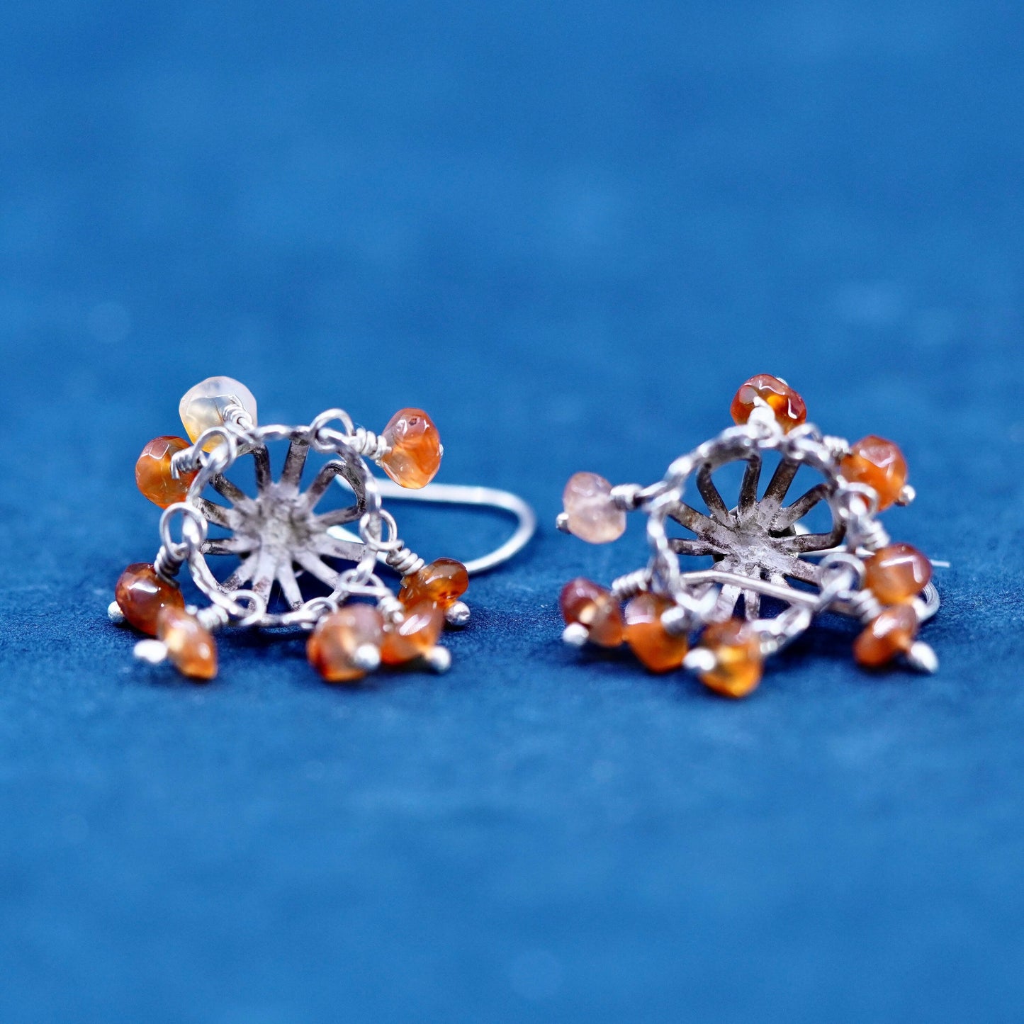 Vintage Sterling Silver 925 filigree crown Earrings with cluster carnelian