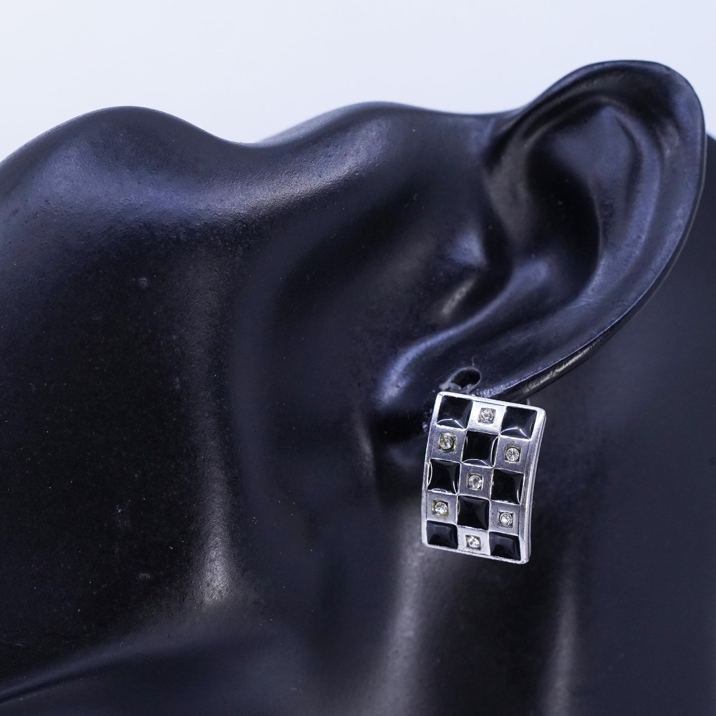 Vintage J JENAVI Designer Sterling 925 silver black enamel cz earrings, studs