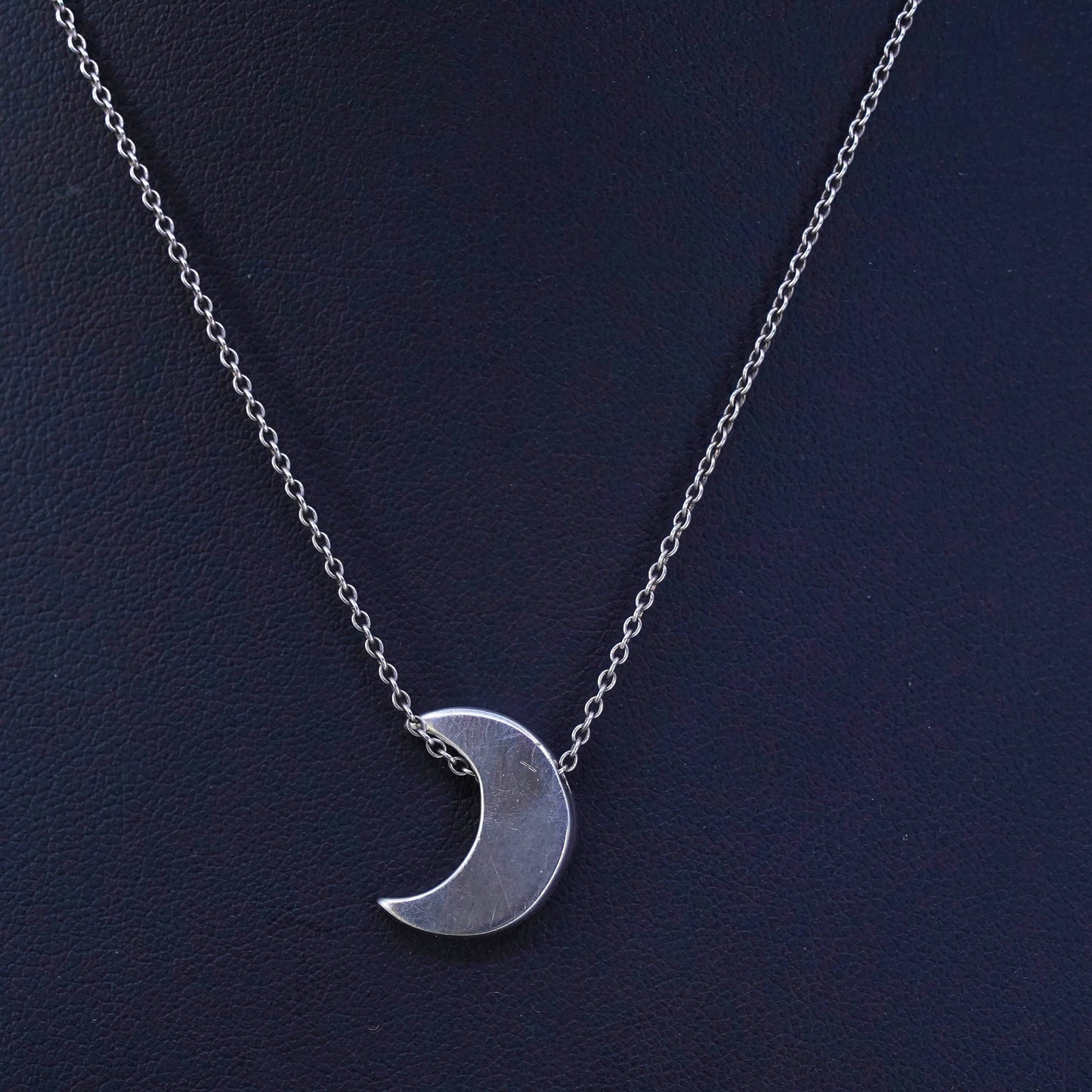 15”, Vintage Sterling silver necklace, 925 circle link chain with moon pendant