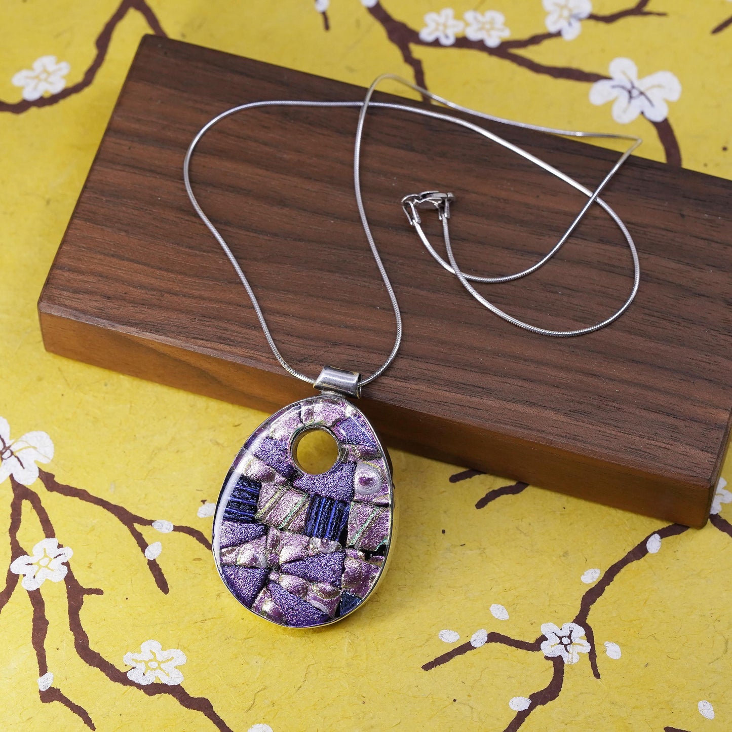 20", Sterling silver necklace, 925 snake chain teardrop foiled glass pendant