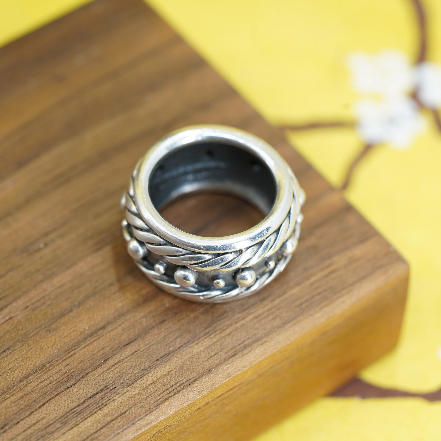 size 6.75, vintage Sterling silver handmade ring, 925 wide band with beads