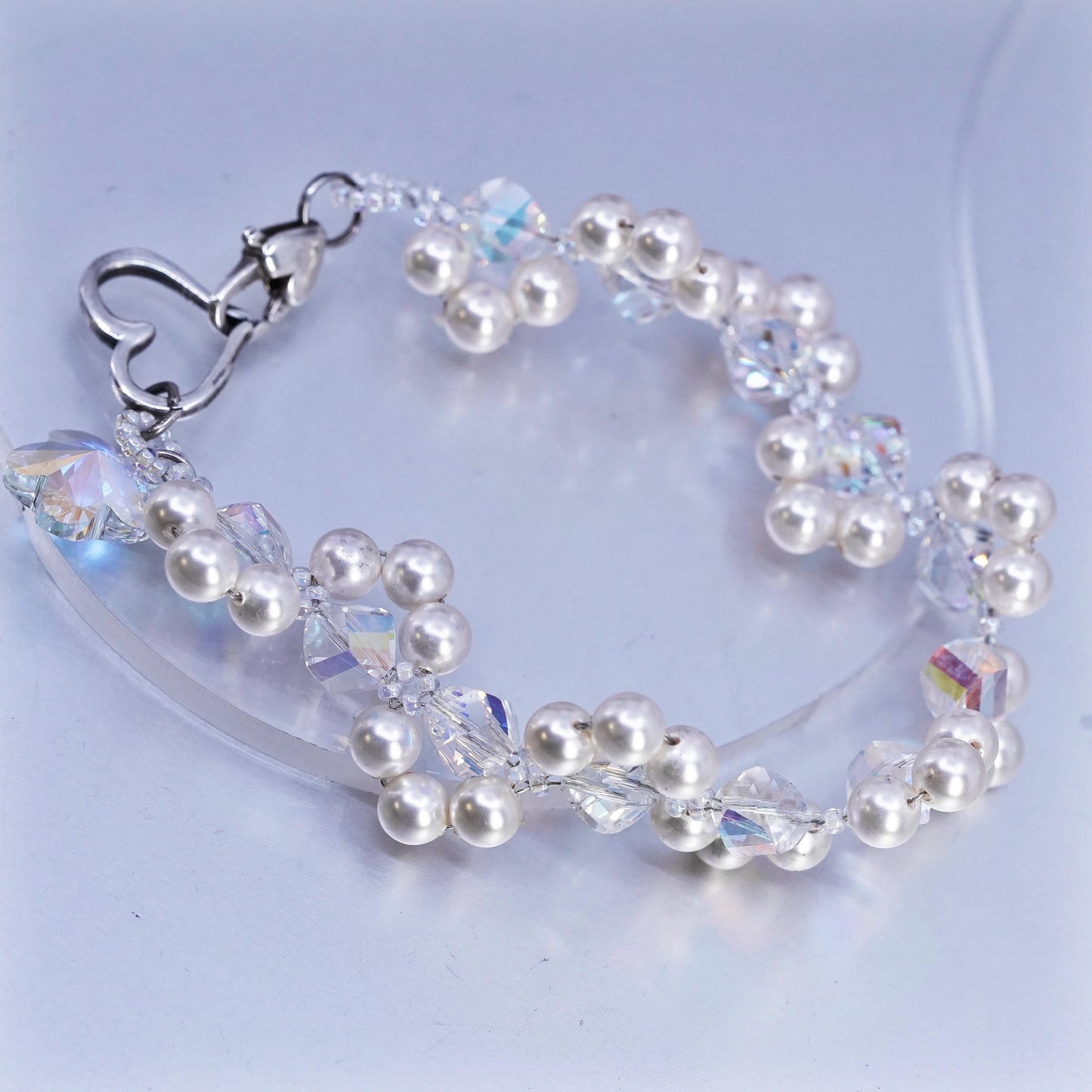 7.25", Sterling 925 silver bracelet cluster faux pearl, AB crystal heart clasp