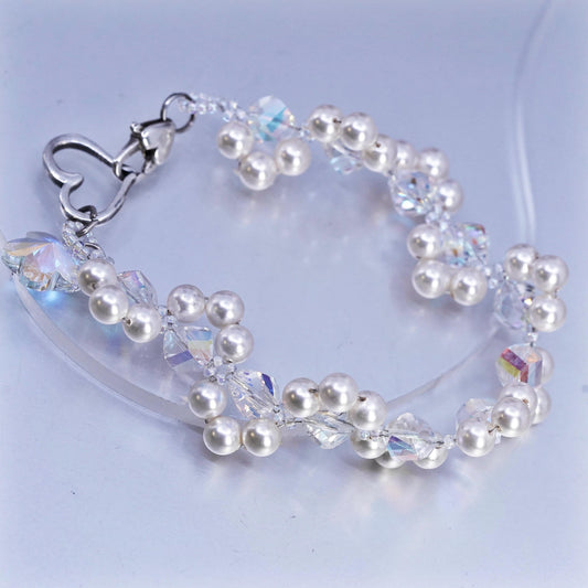 7.25", Sterling 925 silver bracelet cluster faux pearl, AB crystal heart clasp