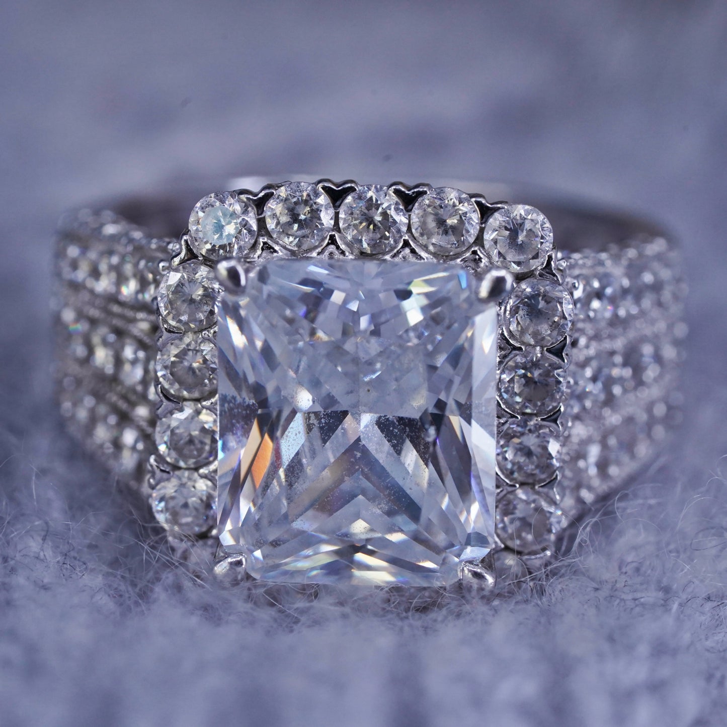 Size 9, vintage Sterling 925 silver engagement anniversary ring with cluster Cz