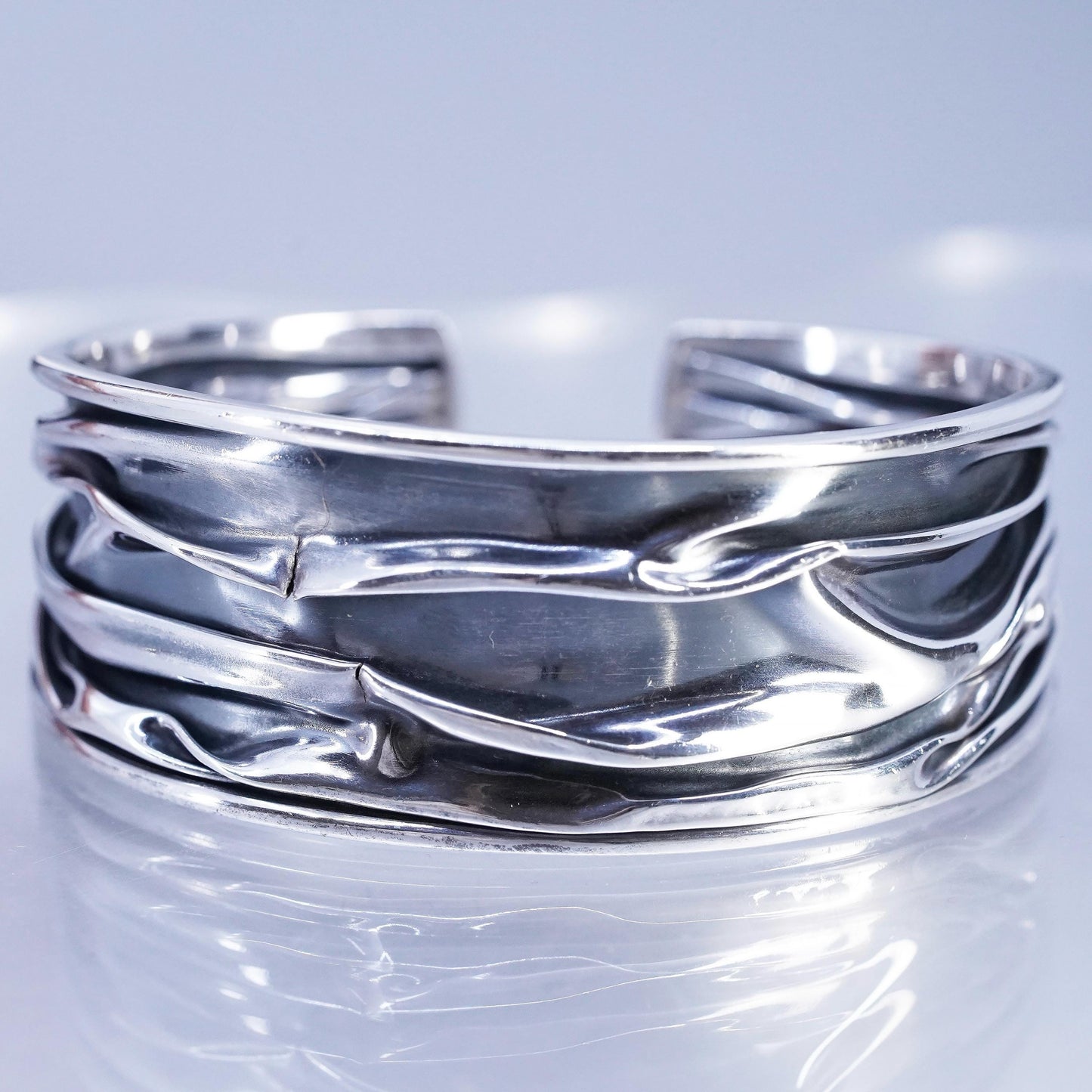 5.75”, Vintage Mexican oxidized Sterling 925 silver bracelet, wide wrinkle cuff