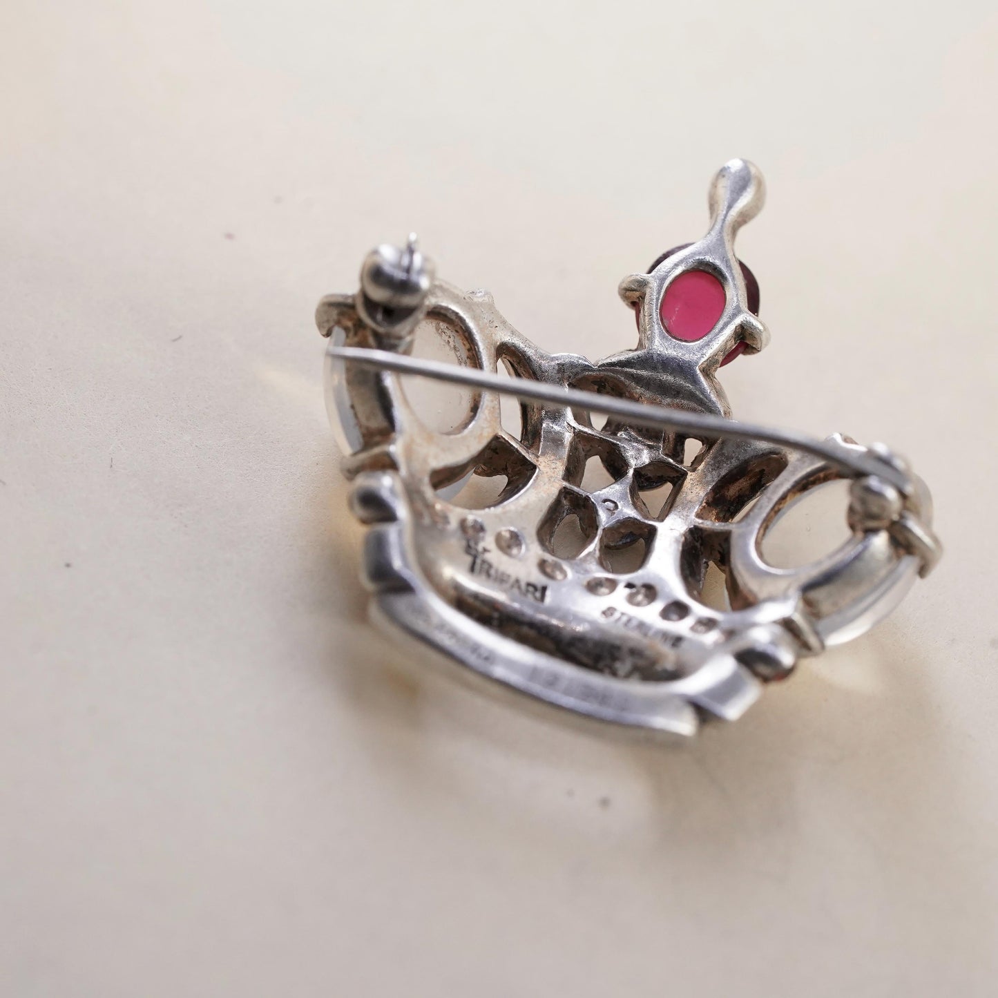 Trifari Alfred Philippe Sterling Silver Brooch 1942 Moonstone Royal Crown Pin