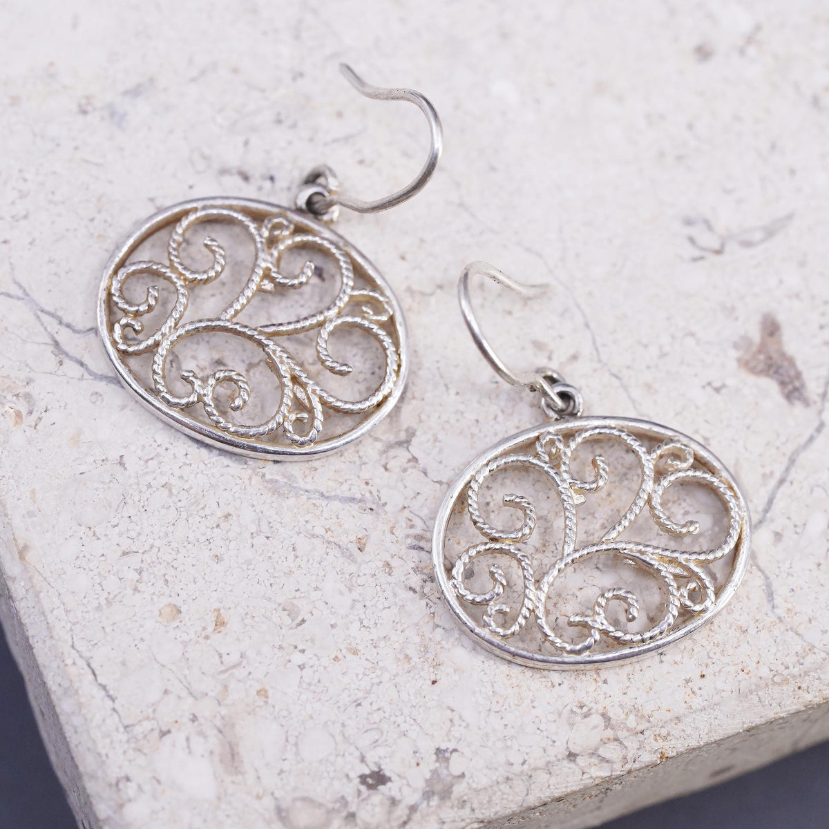 Vintage sterling silver handmade earrings, 925 filigree oval dangles