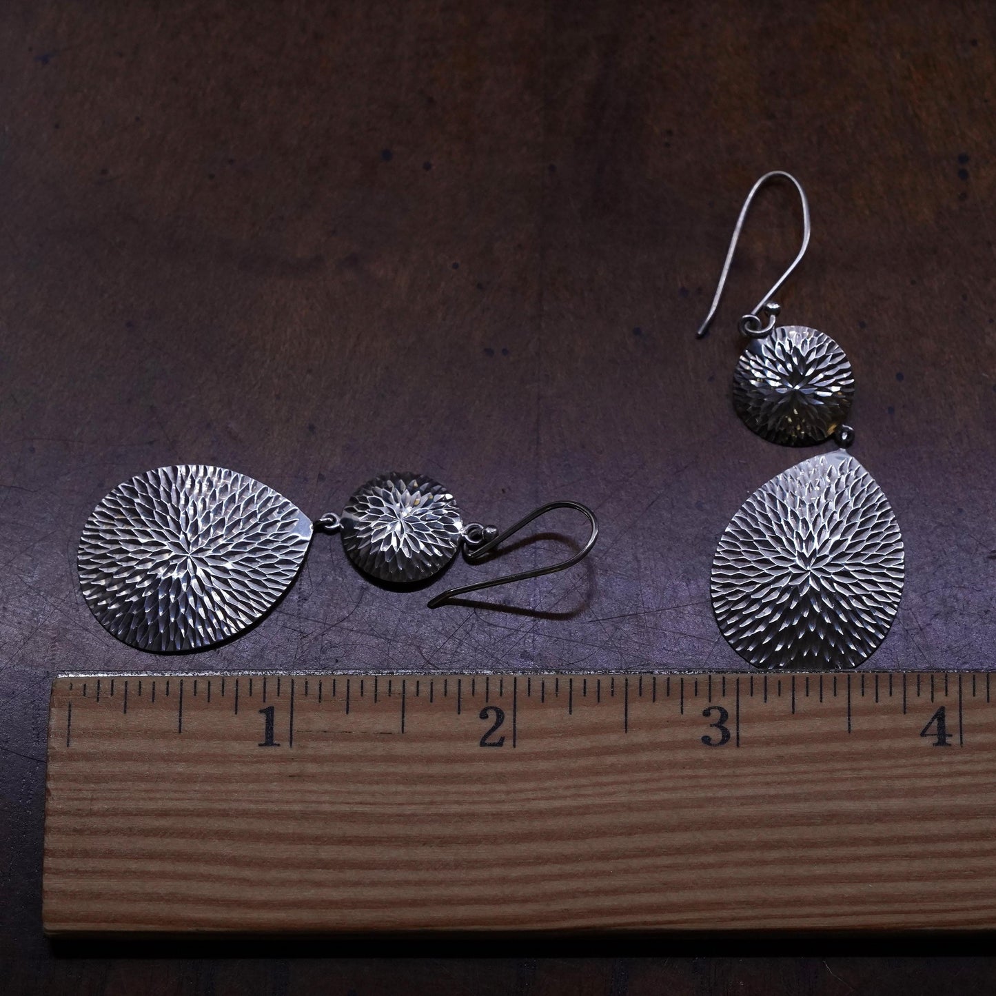 Vintage sterling silver handmade earrings, textured 925 teardrop drops