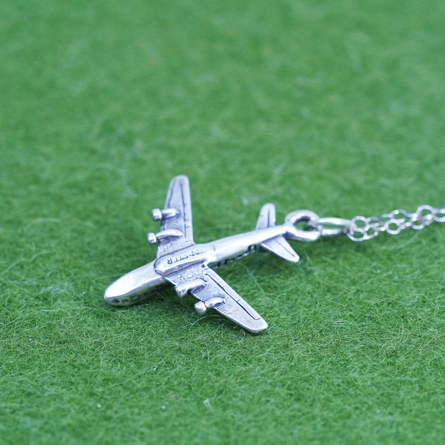 16", vintage sterling silver handmade necklace, 925 circle chain airplane charm