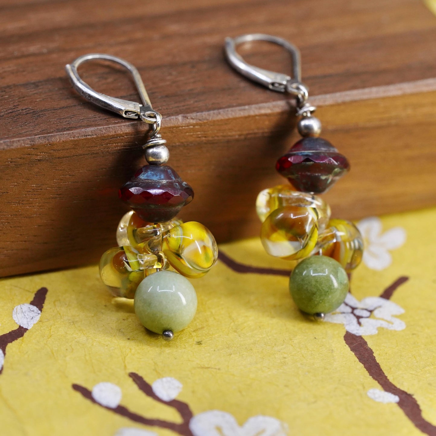 Vintage sterling 925 silver earrings with artisan glass bead lever back closing