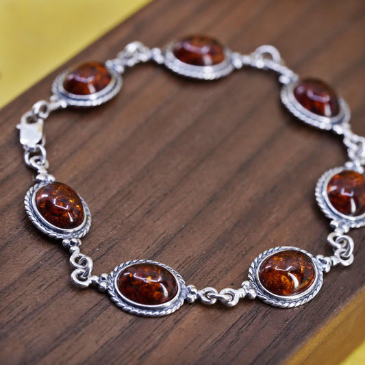7", vintage Sterling 925 silver handmade bracelet with oval amber