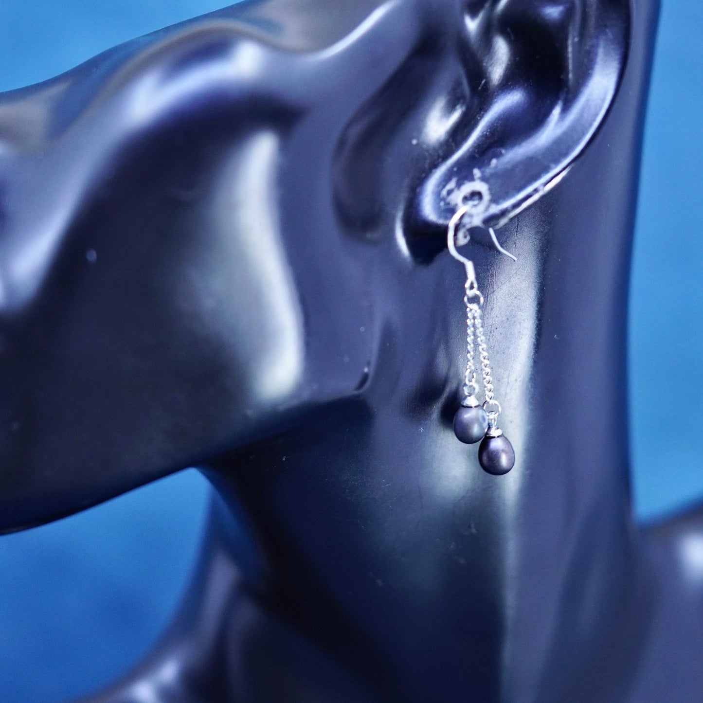Vintage Sterling silver 925 handmade earrings with black pearl dangles