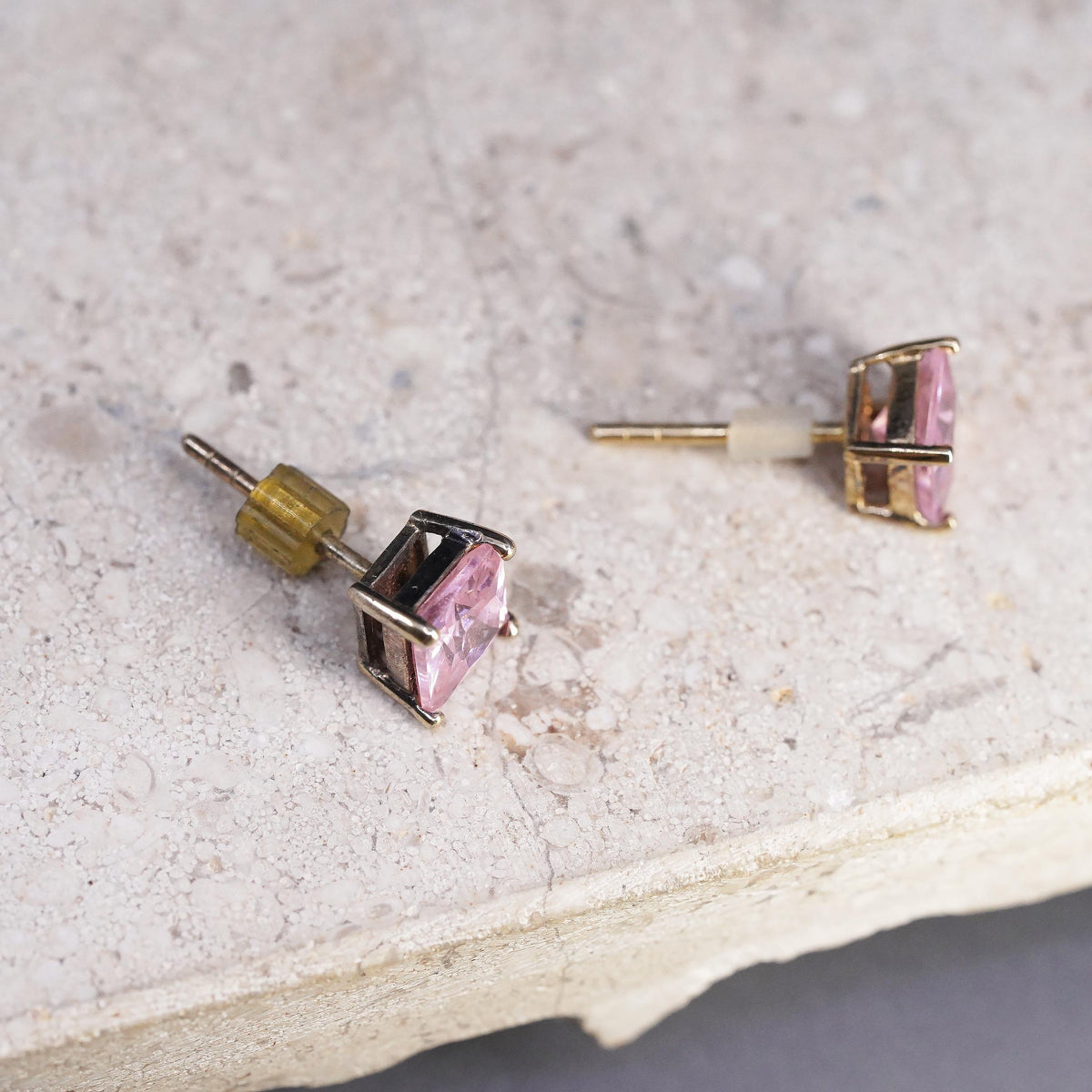 Vintage Sterling silver handmade earrings, 925 silver square studs pink crystal