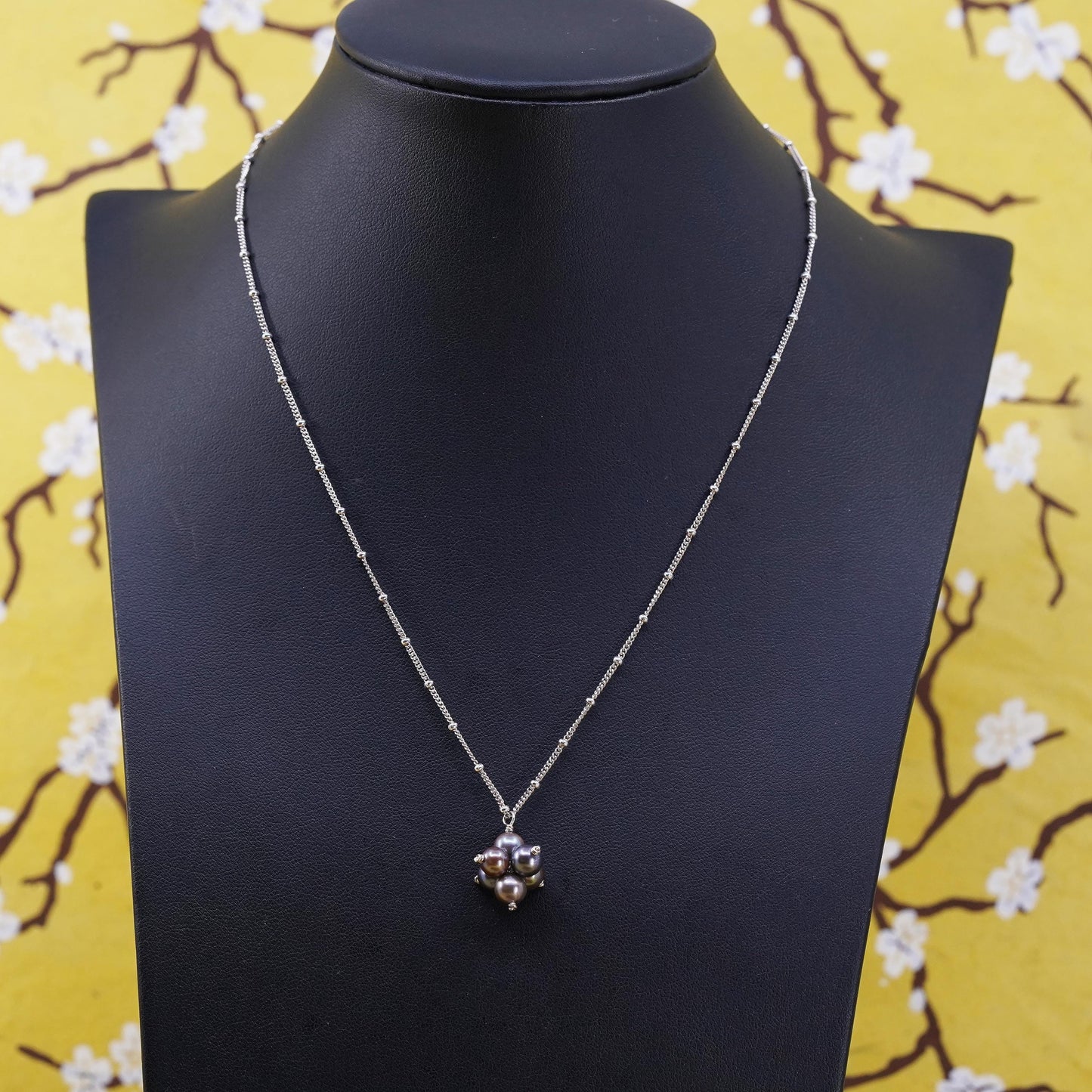 16+1”, Sterling silver necklace, 925 curb chain with beads and pearl pendants