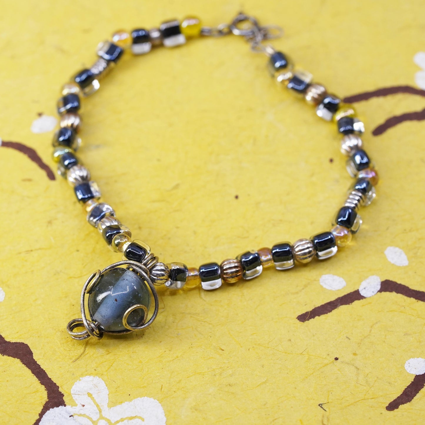 6.25”, sterling silver bracelet, blue glass bead bracelet with 925 silver clasp