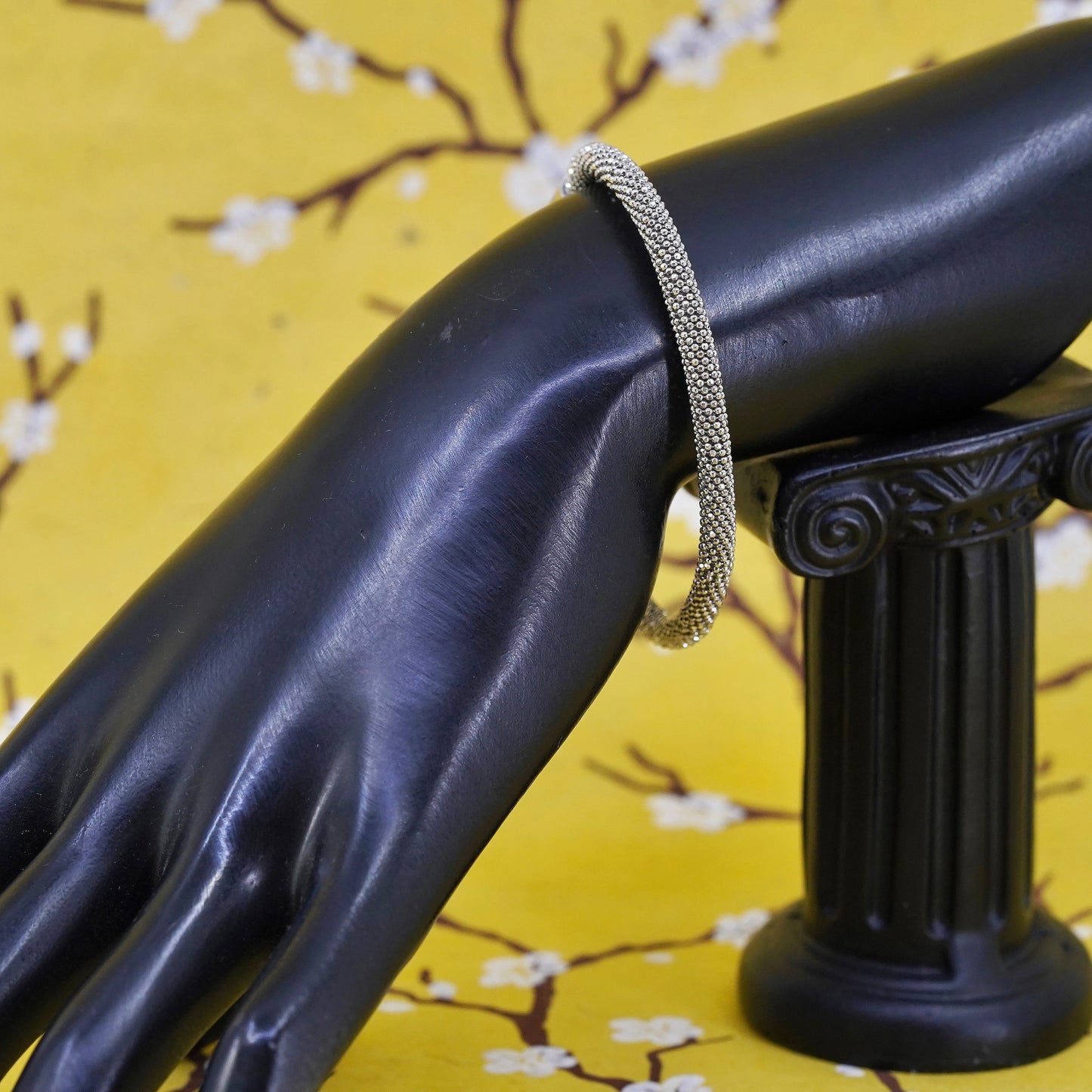 7", Italian Sterling silver handmade bracelet, 925 bangle with textured beads