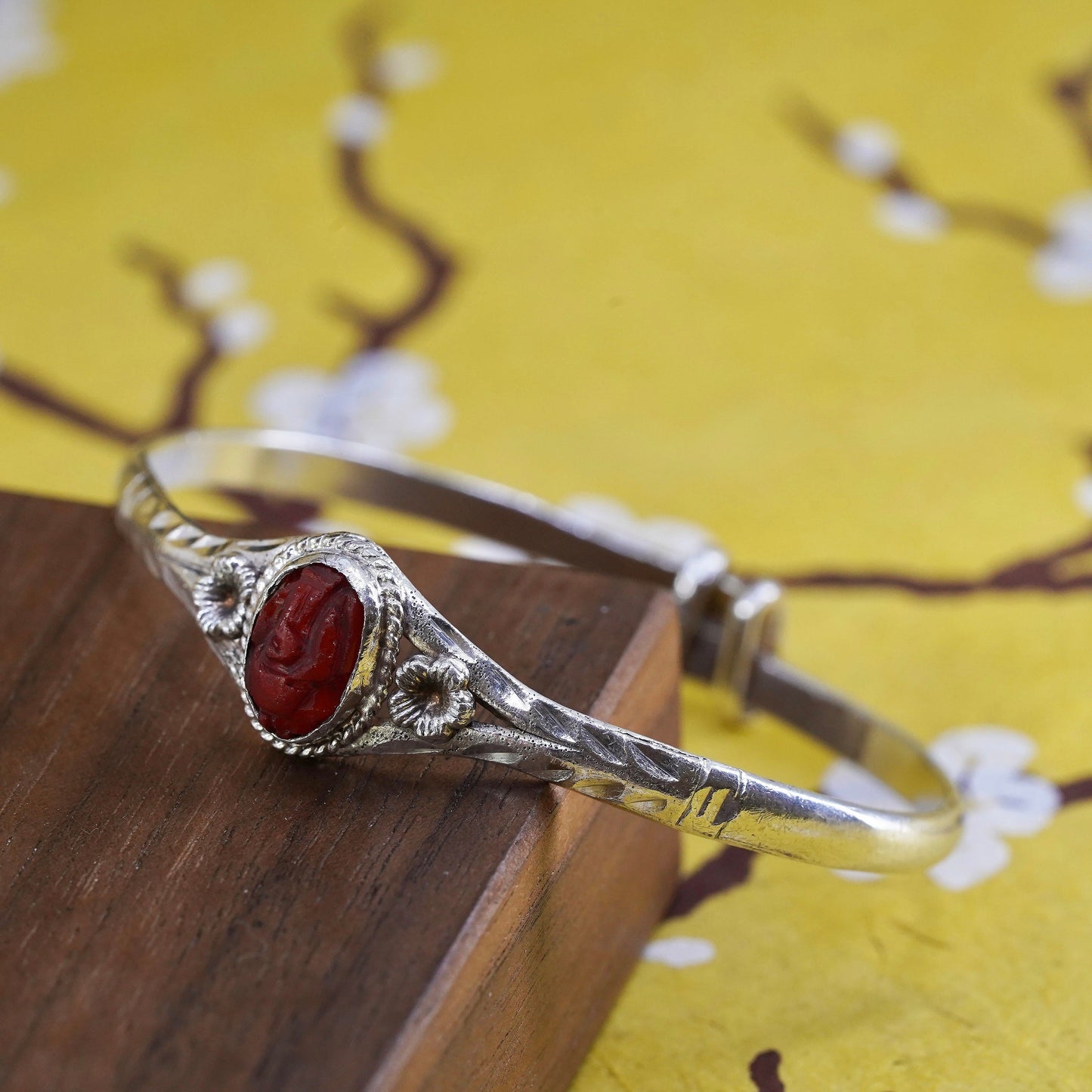 Vintage Sterling silver handmade bracelet, 925 baby bangle with carved cinnabar