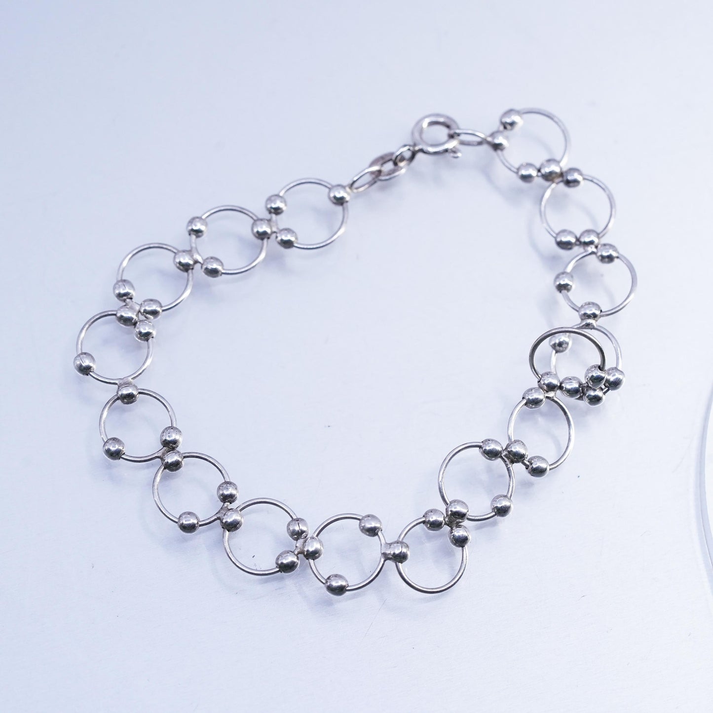 6.75" 10mm, Vintage Jewelry Sterling 925 silver bracelet, circle chain w/ beads
