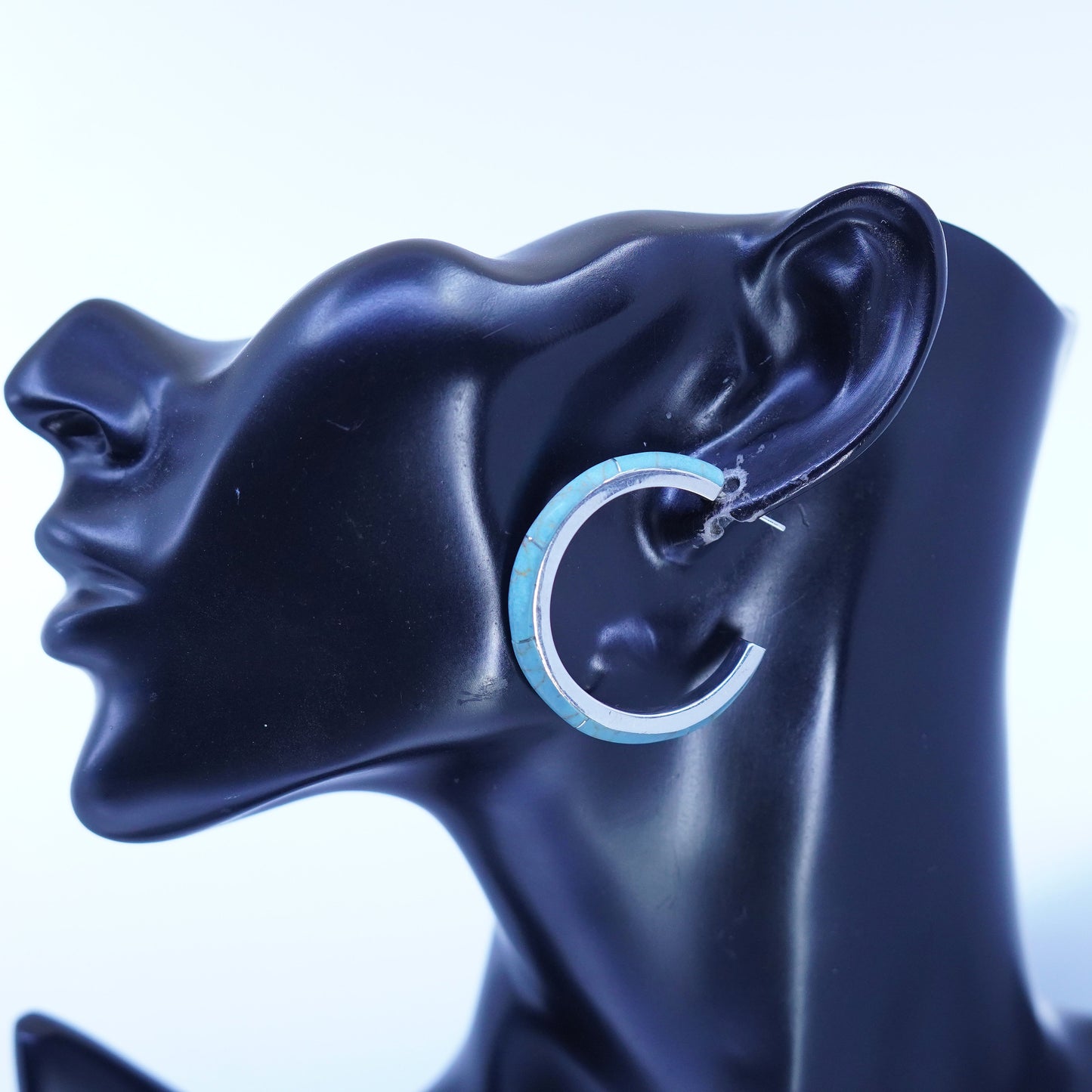 1.5”, Mexican Sterling silver handmade earrings, 925 huggie hoops w/ turquoise