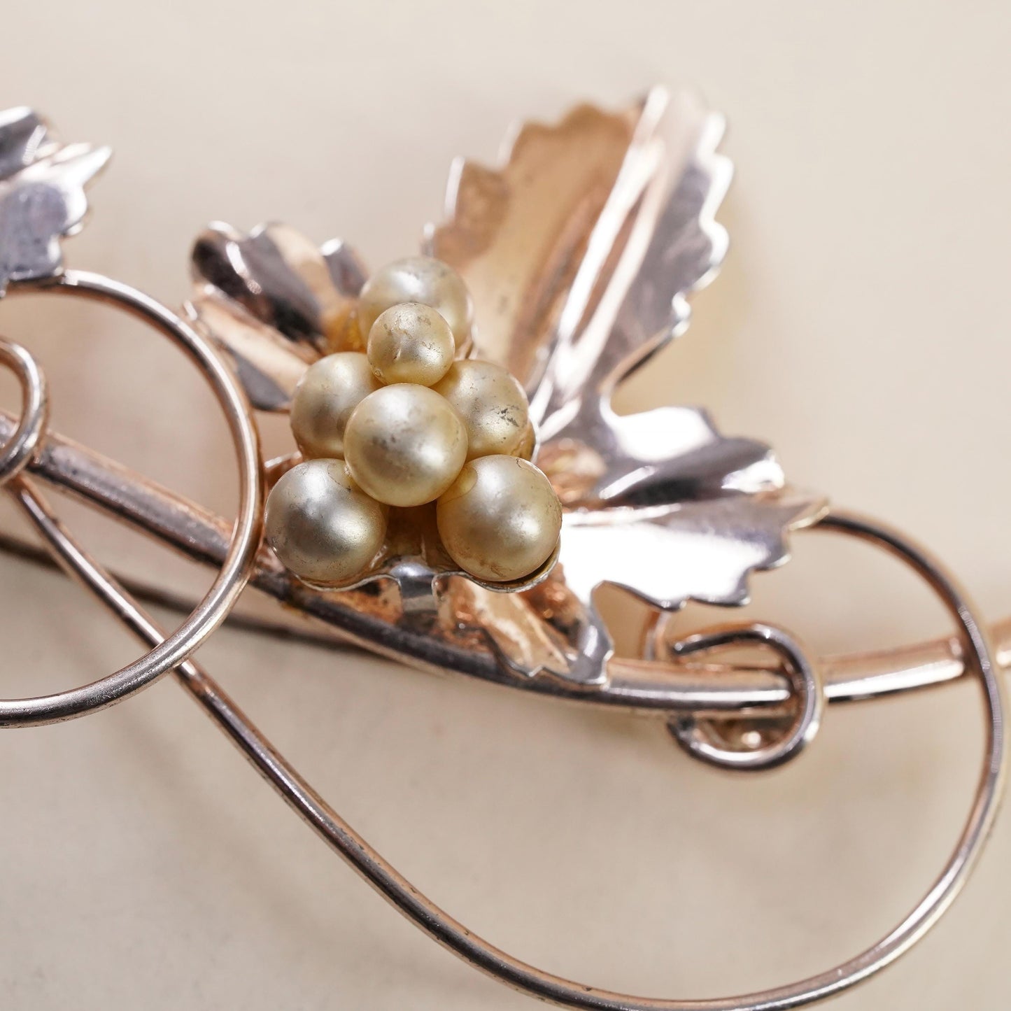 Vintage 1930s gold plated Sterling 925 silver faux pearl grape vines brooch