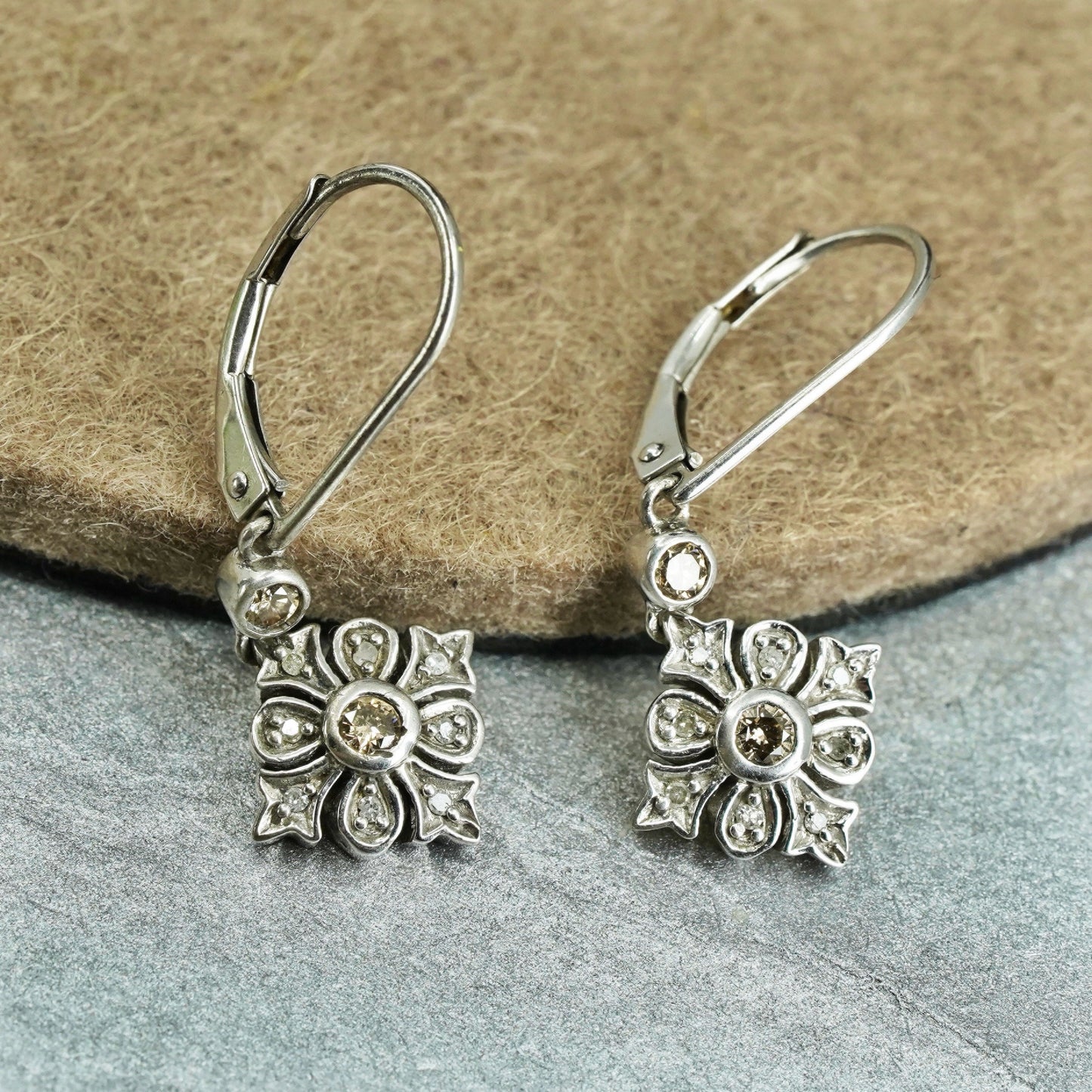 Vintage Sterling 925 silver handmade earrings with cluster diamond details