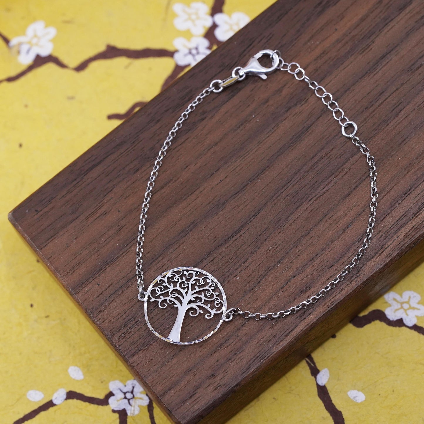 7.5" , Sterling silver bracelet, solid 925 chain filigree family tree charm
