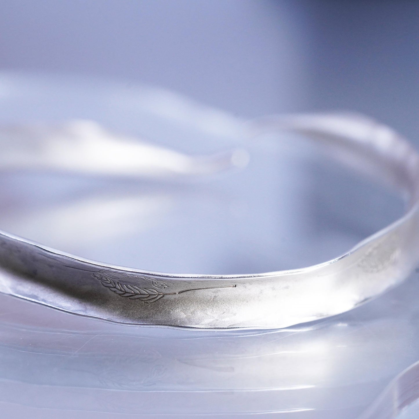 7.5", Vintage Sterling Silver Leaf Engraved Cuff Bracelet Matte 925 Open Bangle