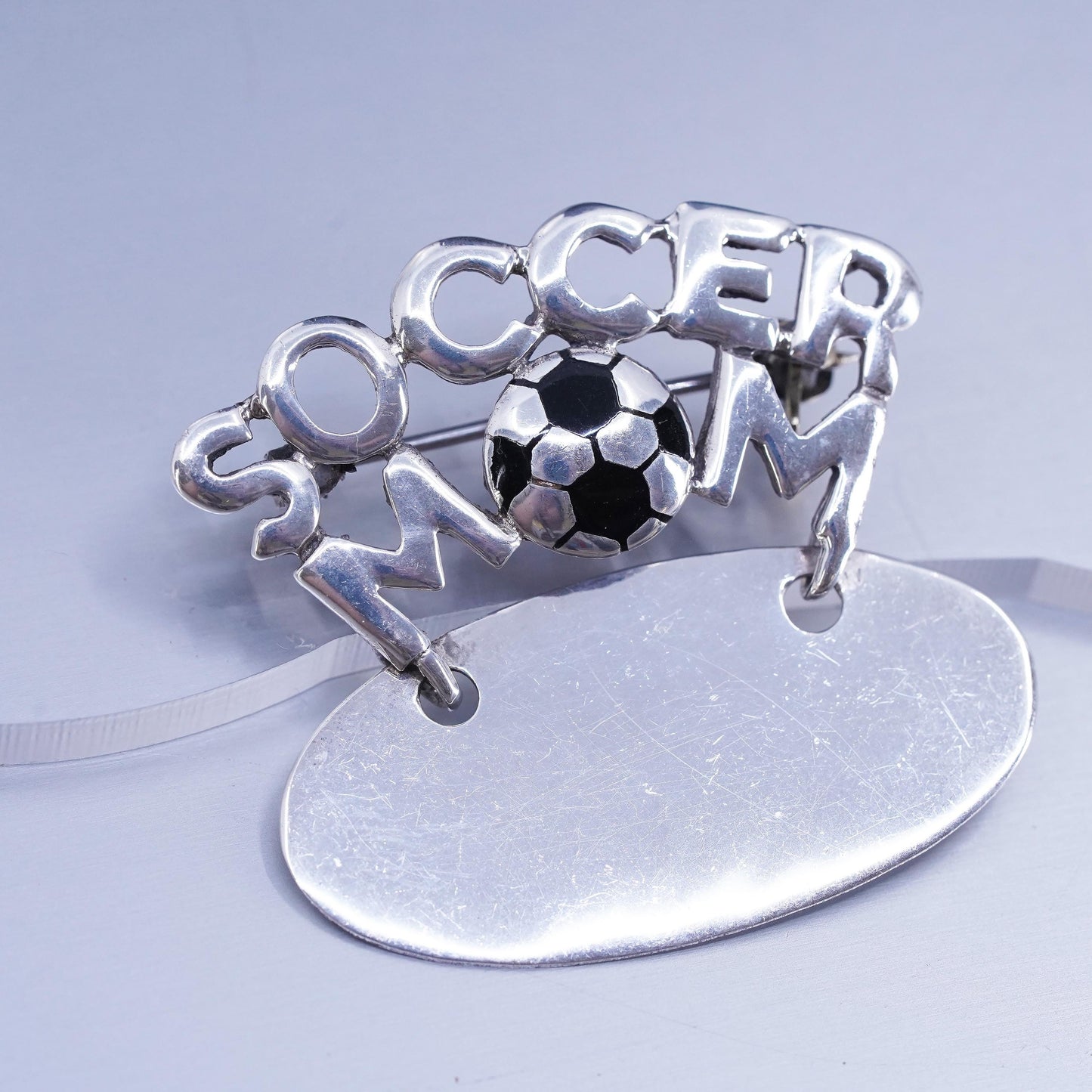 Vintage sterling silver handmade brooch, 925 soccer mom pin with blank tag