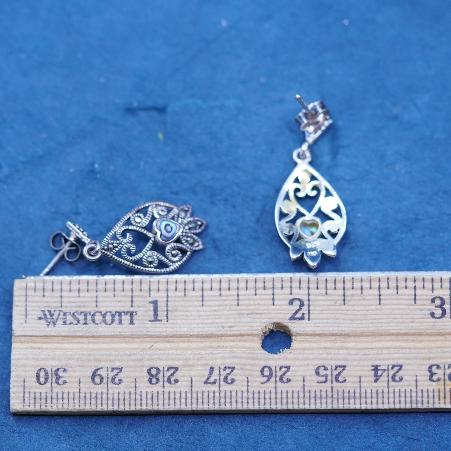 Mexican Sterling 925 silver handmade earrings with heart abalone and marcasite