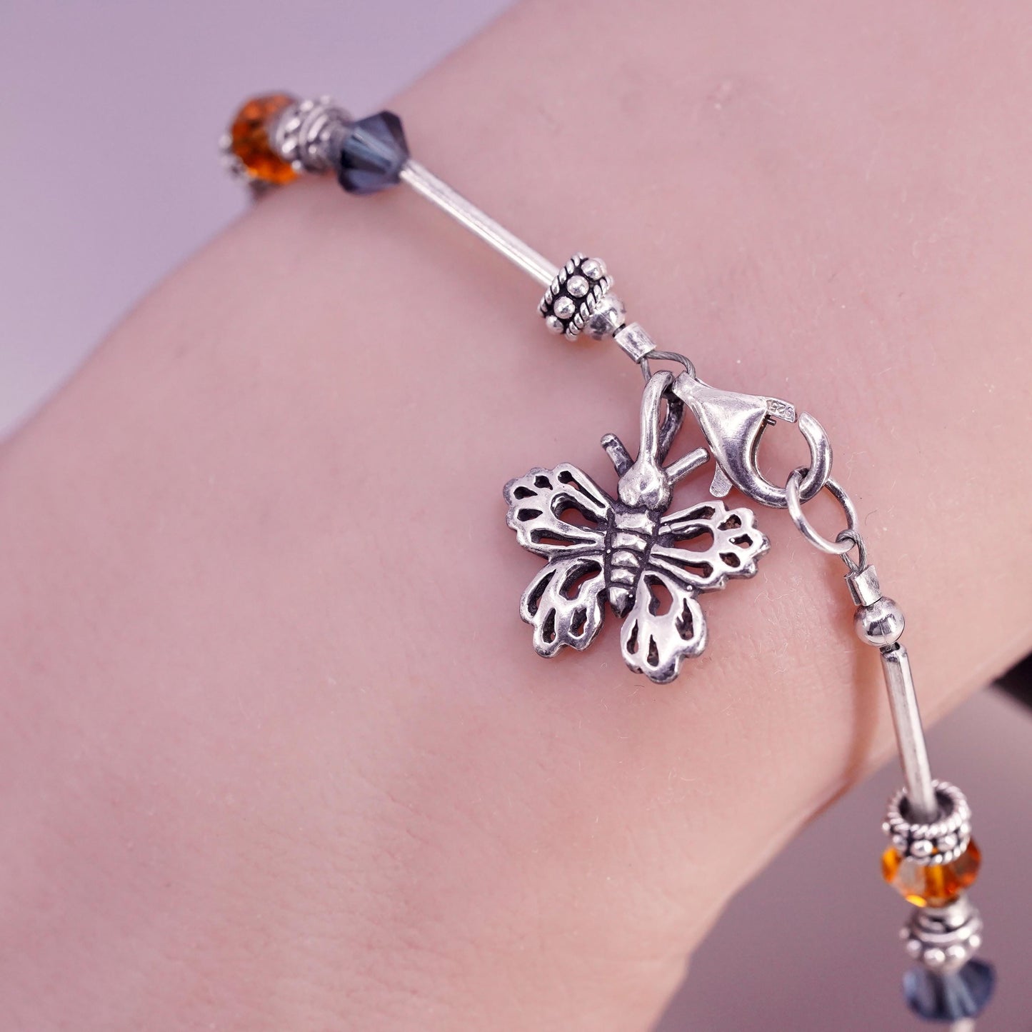 8.5”, Vintage sterling 925 silver bracelet with crystal beads butterfly charm