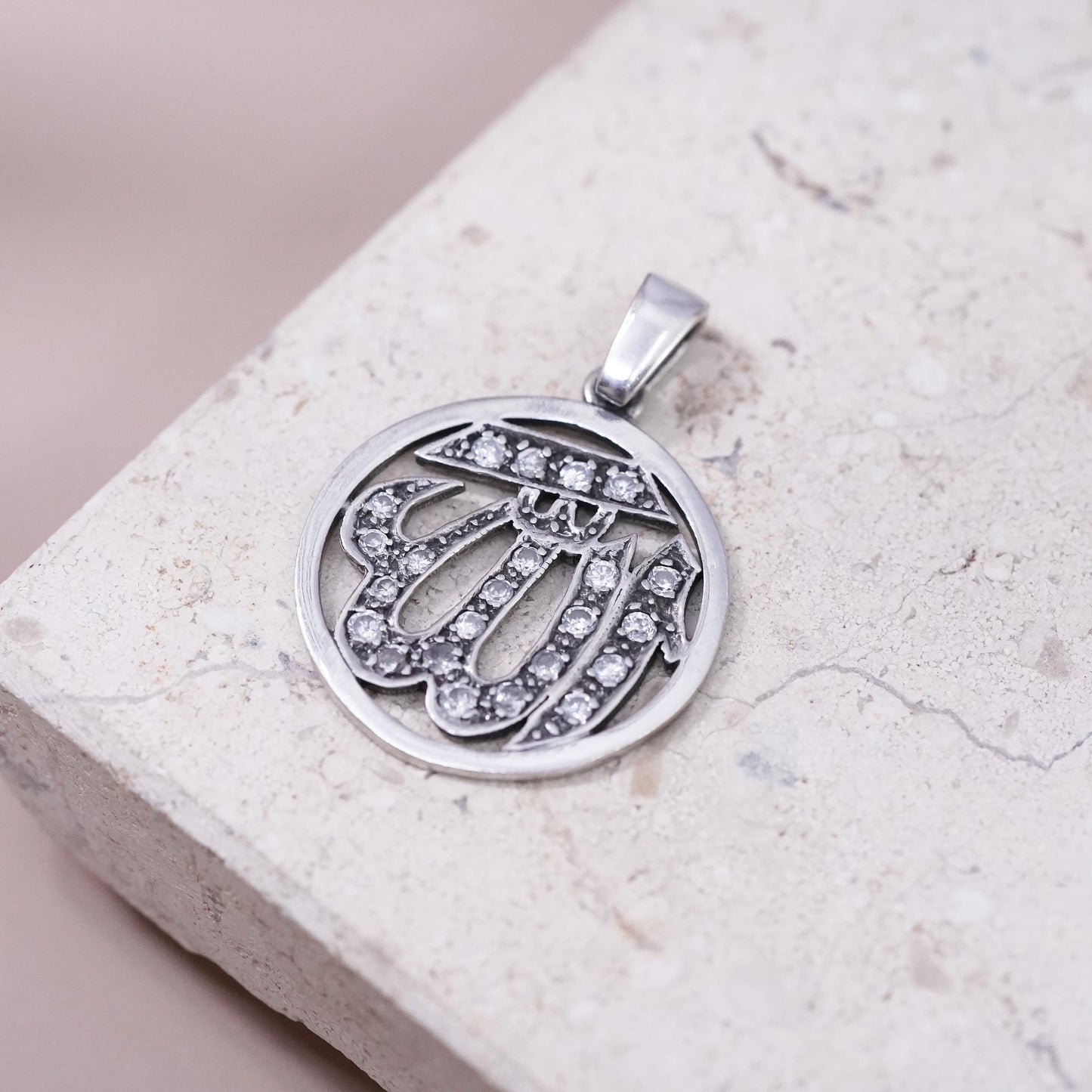 Vintage sterling silver religious symbol charm, 925 initial "WI” pendant with cz