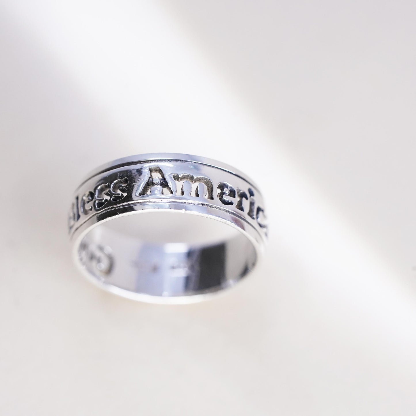 Size 7, VTG 925 Sterling Silver God Bless America Ring | Openwork Modern Band