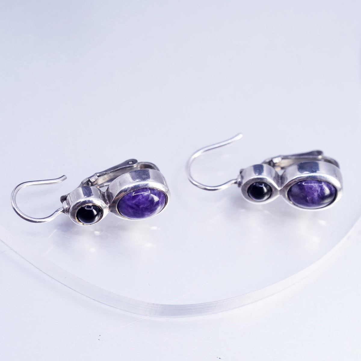 Sterling Silver 925 Amethyst Onyx Drops, Purple Cabochon, Leverback Earrings