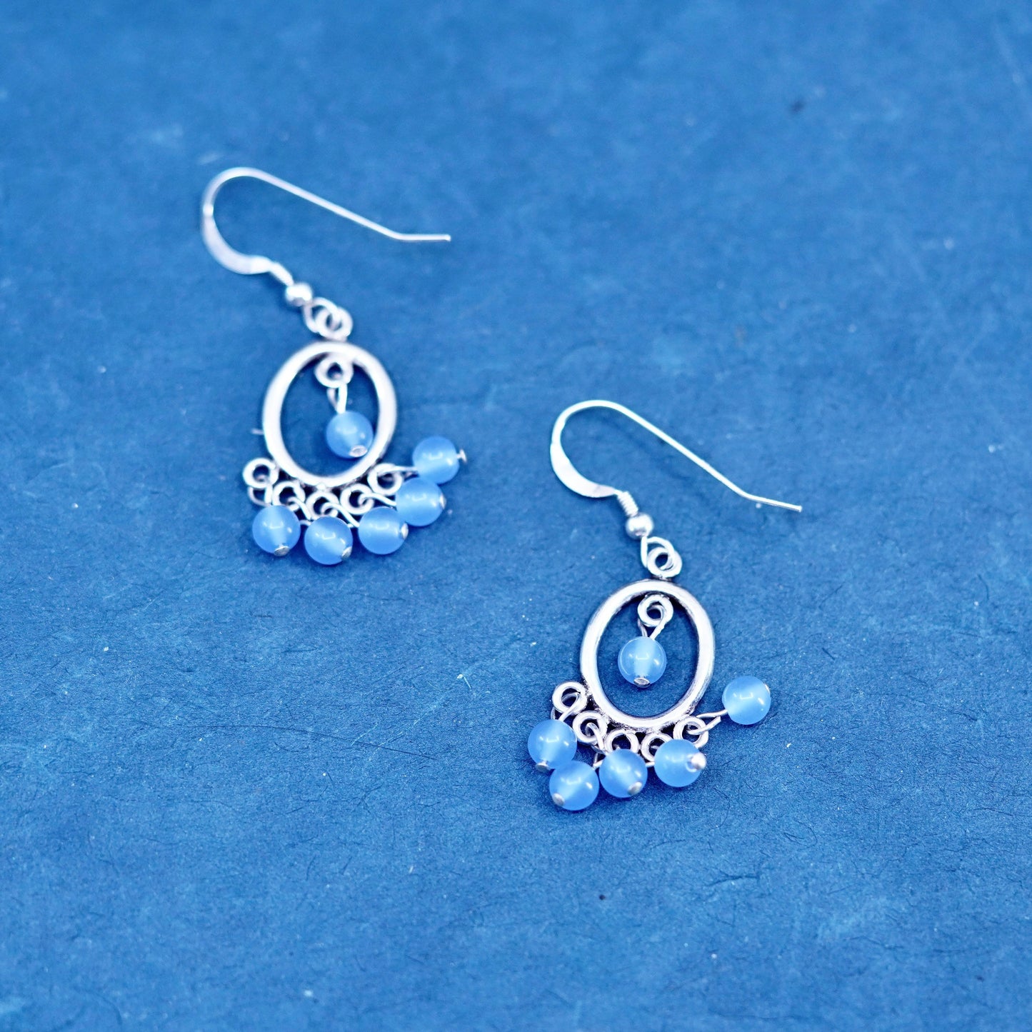 Vintage Sterling 925 silver handmade earrings with blue cat eye