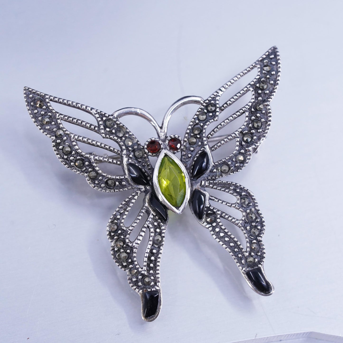 sterling silver brooch, 925 butterfly pin with peridot garnet and Marcasite