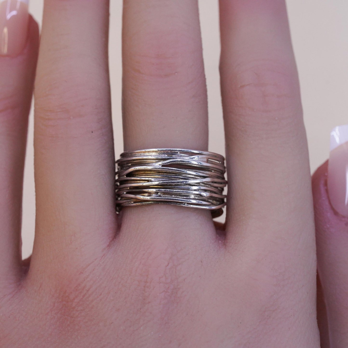 Size 10, vintage Sterling silver handmade ring, 925 wide band wired textured