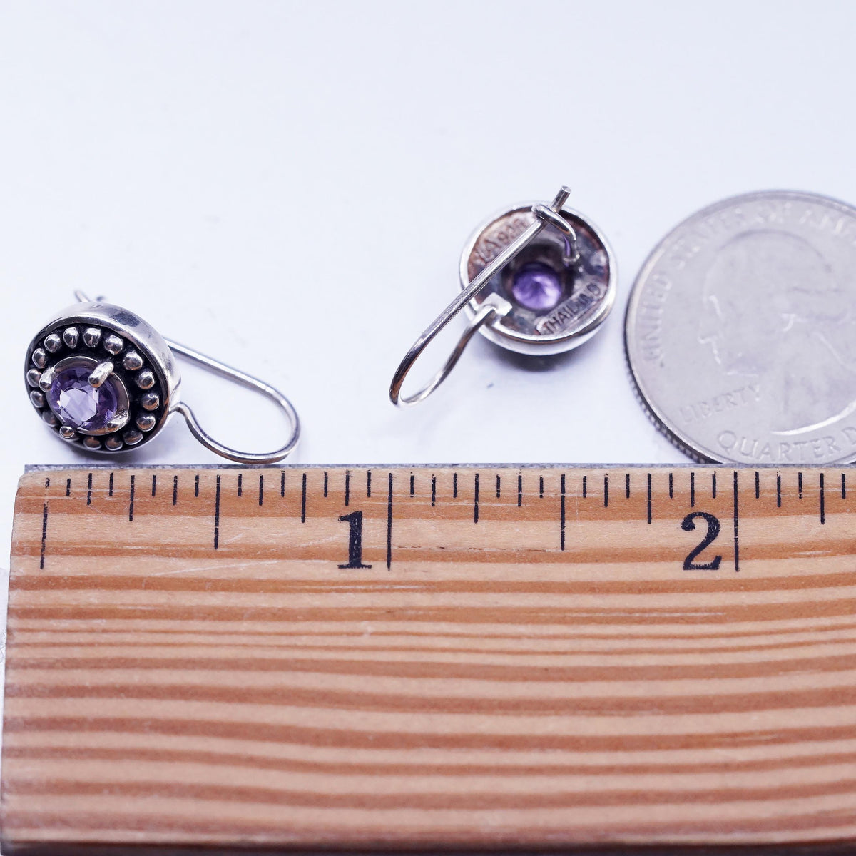Vintage jewelry Sterling 925 silver handmade round earrings with amethyst beads