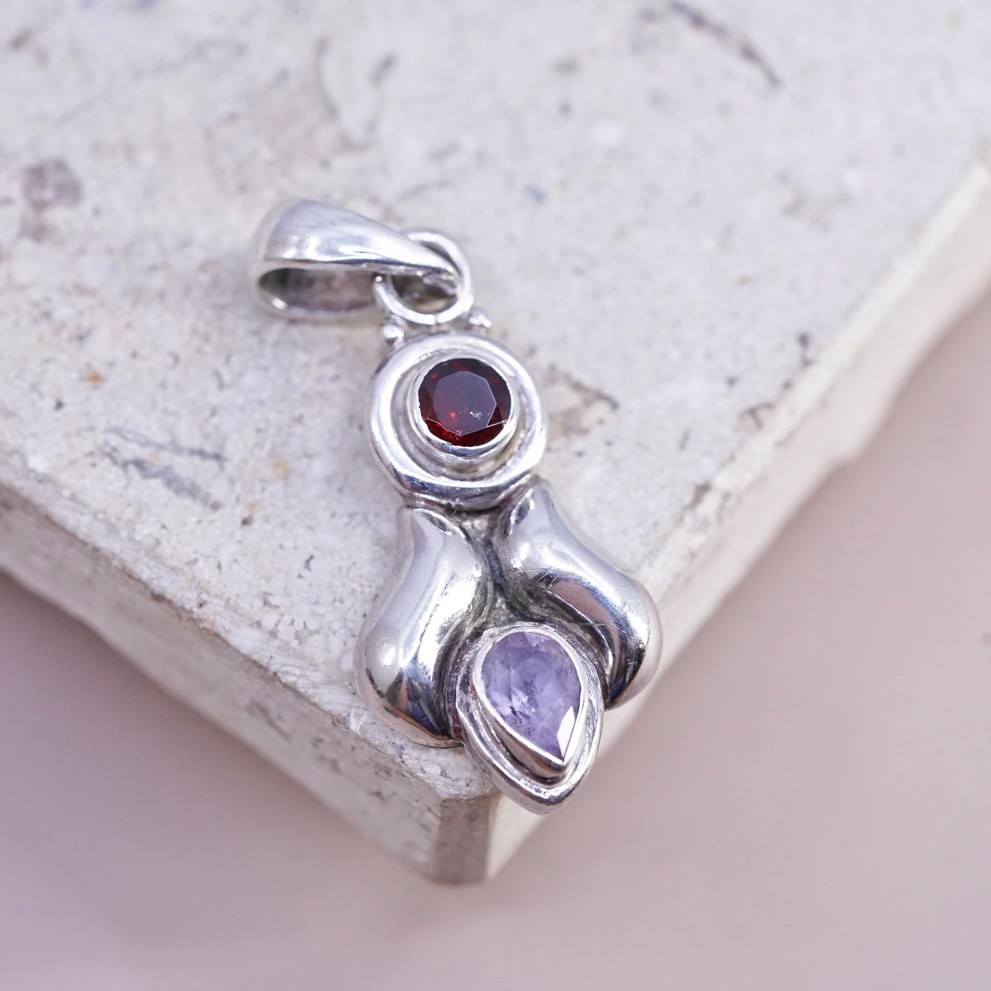 Vintage Sterling silver 925 handmade pendant with ruby and amethyst