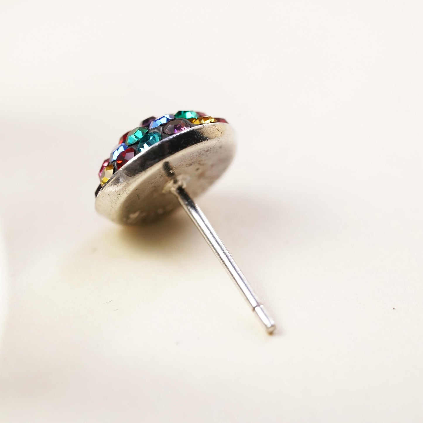 Vintage handmade single earring. Sterling 925 silver rainbow cz stud