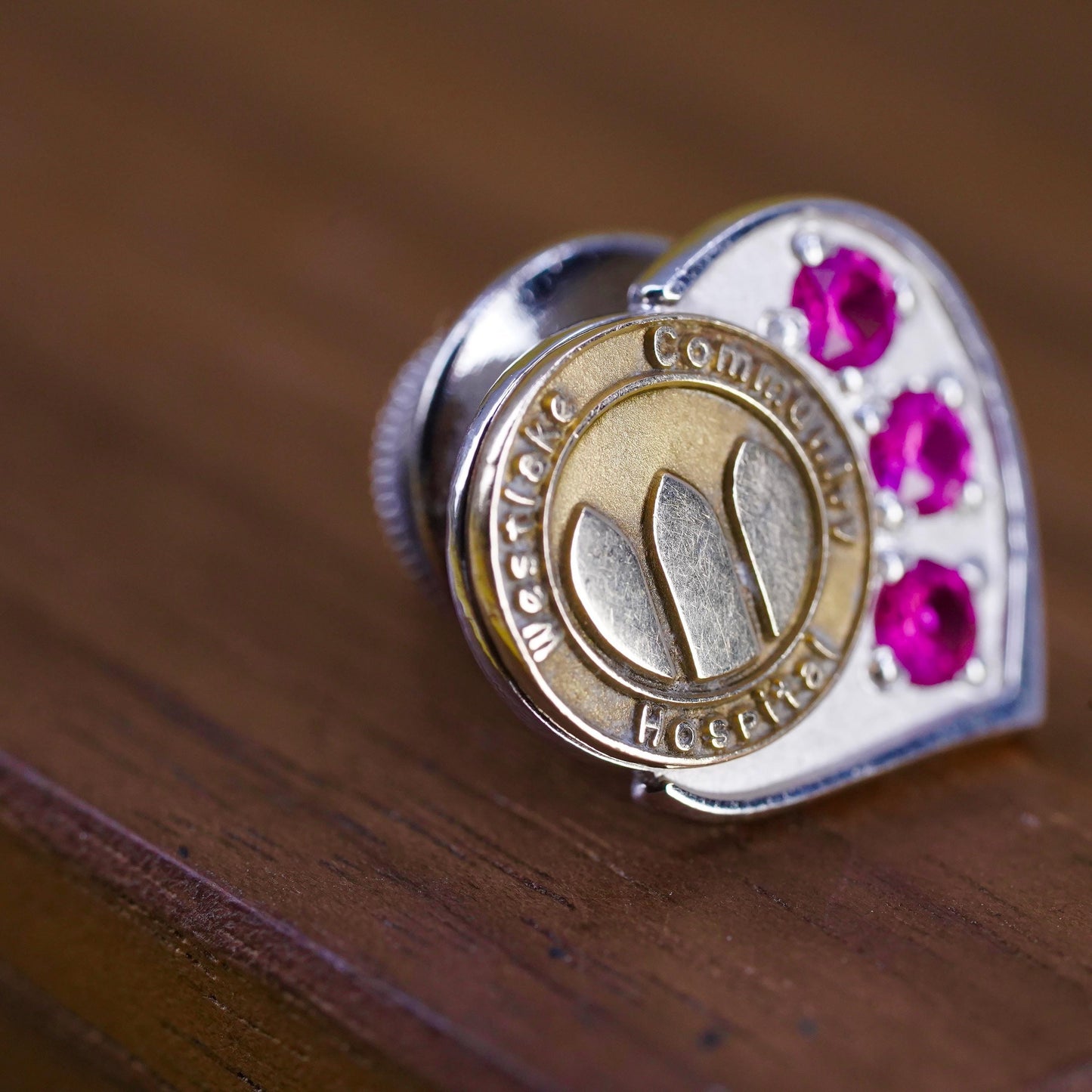 4.5g, Vintage two tone 14K Westlake Community Hospital heart pin ruby, antique
