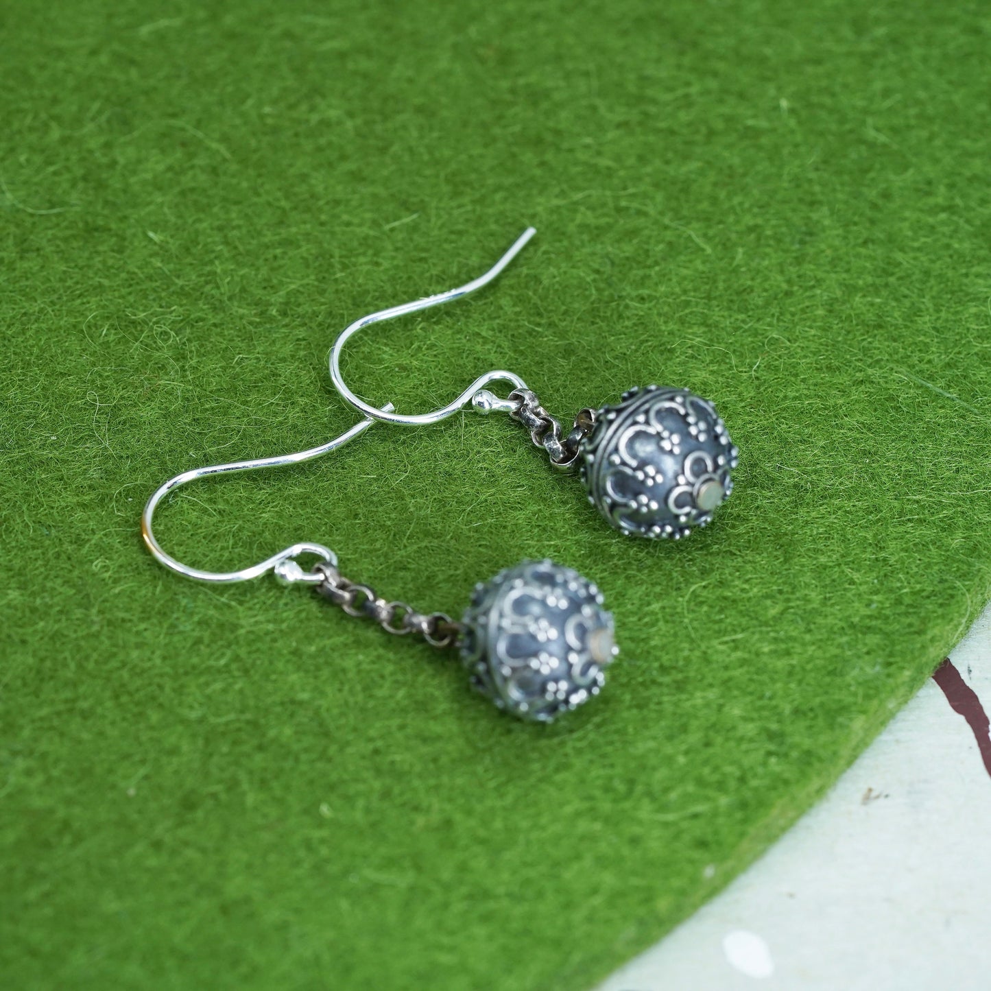 Vintage Sterling silver handmade Bali earrings, 925 swirl patterned bead