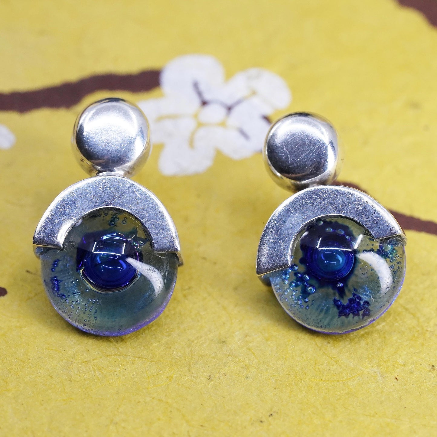 vintage Mexican Sterling silver studs, circle earrings with blue glass