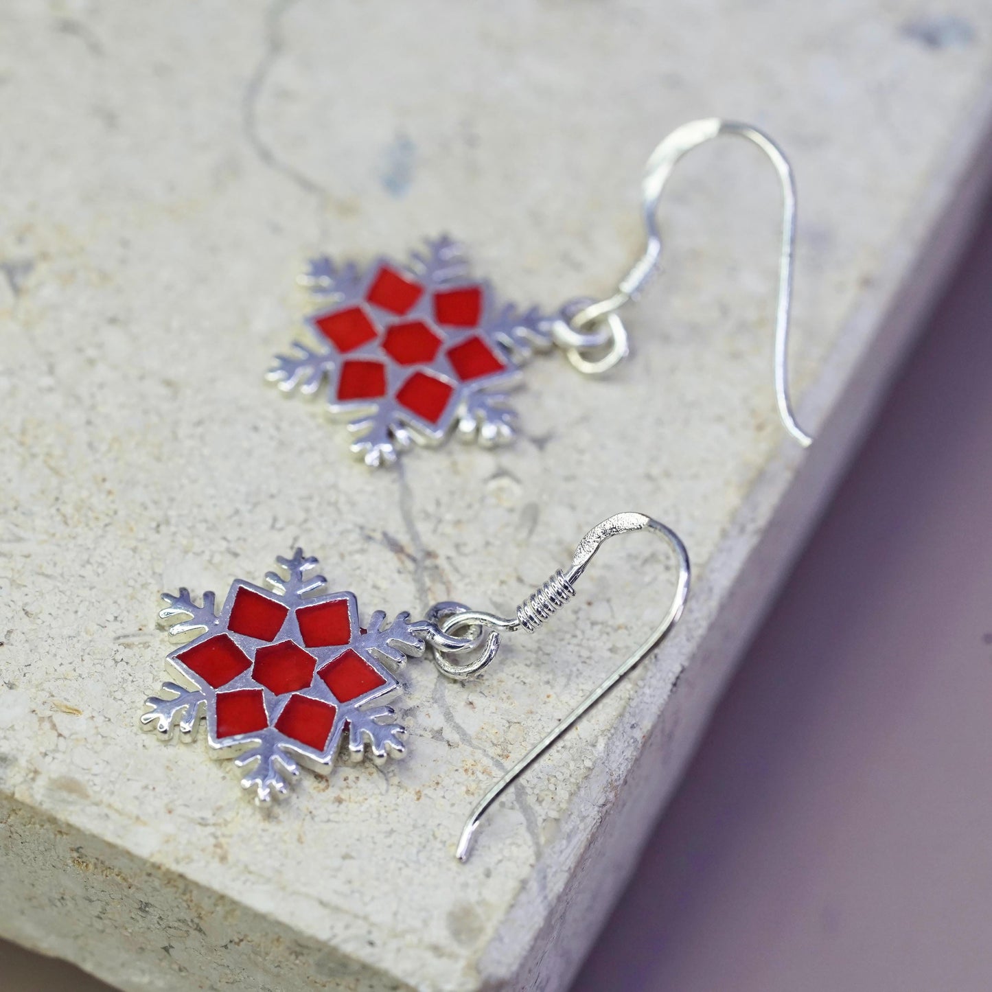 Vintage sterling silver handmade earrings, 925 hooks red enamel snowflake drops