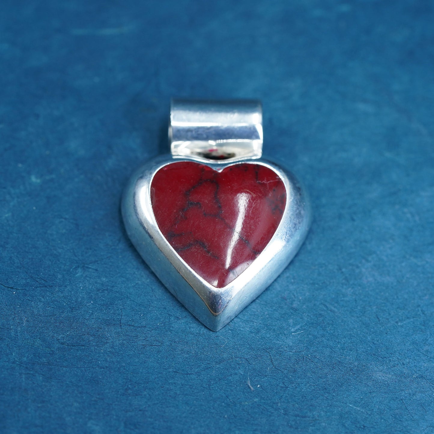 Vintage sterling silver handmade pendant, 925 heart with red jasper