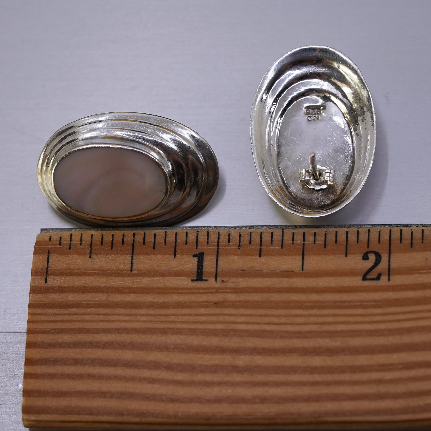 Vintage Sterling silver handmade earrings, 925 oval studs pink mother of pearl