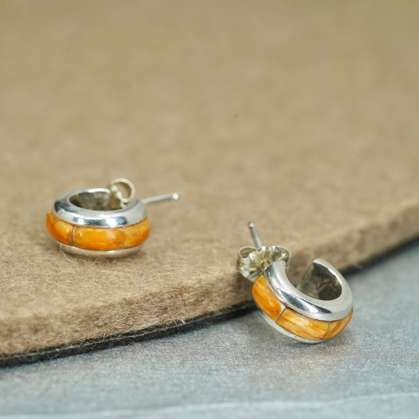 Native American Navajo Sterling 925 silver earrings, huggie studs with coral