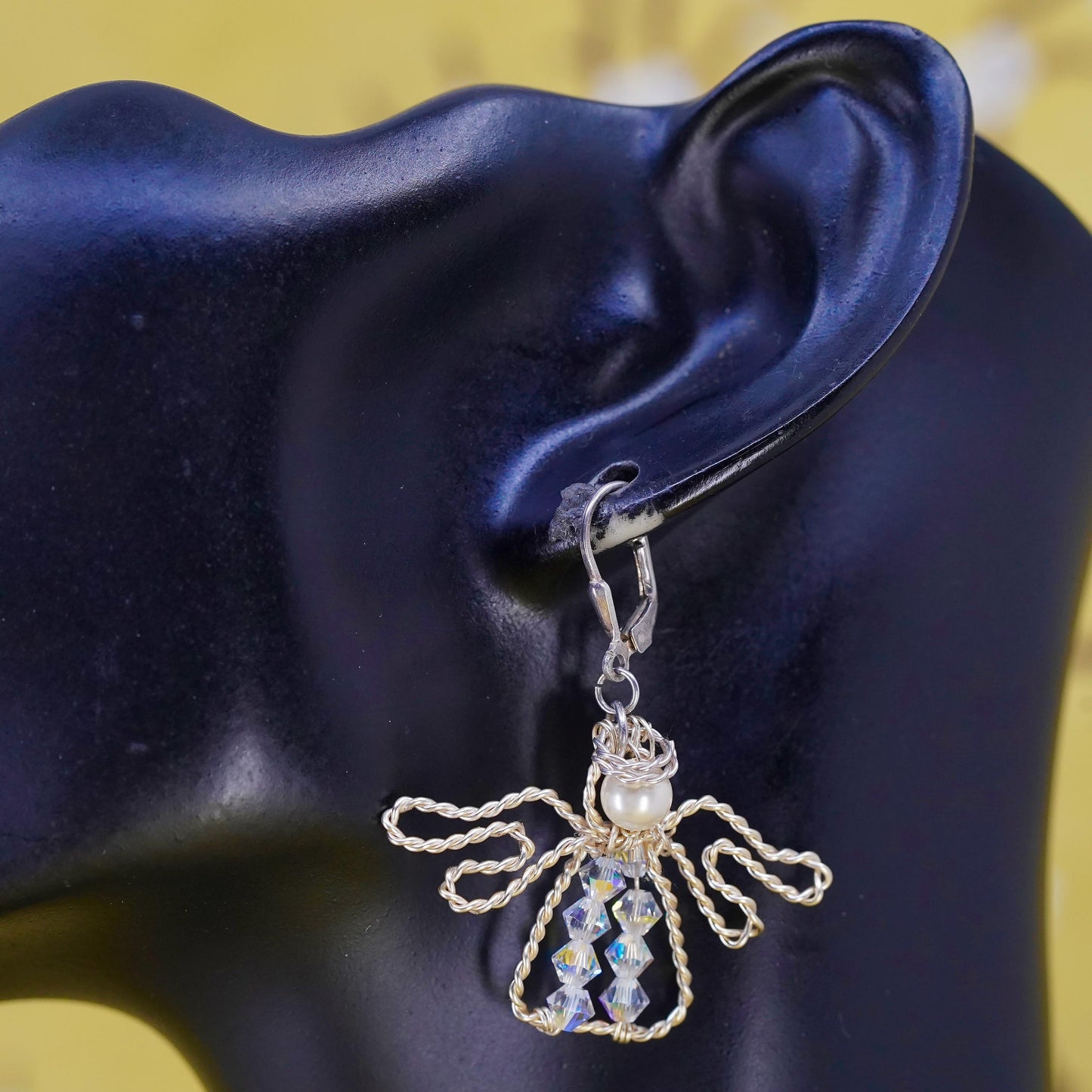 Vintage Sterling 925 silver handmade wired cable Angel earrings pearl crystal